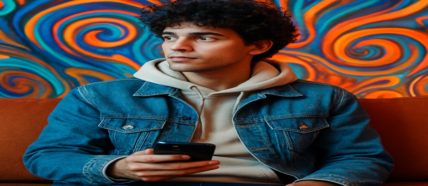 ডেনিম জ্যাকেট পরা একজন ব্যক্তি সোফায় বসে হাতে মোবাইল ধরে 6zz অ্যাপে গেম খেলছেন