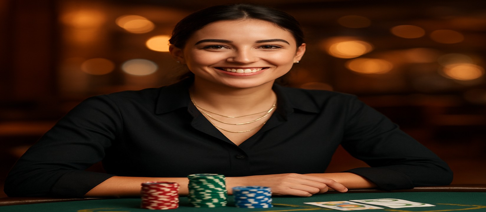 6zz প্ল্যাটফর্মের একটি কার্ড টেবিলে বসে হাসিখুশি তরুণী ডিলার সামনে চিপ ও কার্ড রেখে বিস্তৃত গেমগুলোর নির্বাচন প্রস্তাব করেন.