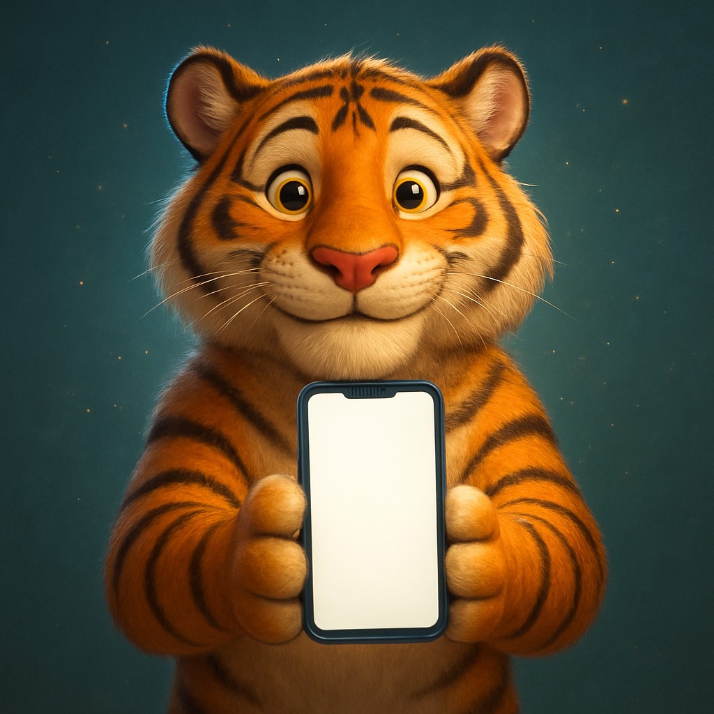 একটি কার্টুন টাইগার শাবক একটি স্মার্টফোন ধরে আছে, যাতে 6zz অ্যাপটি দ্রুত ও নির্ভরযোগ্যভাবে কাজ করছে