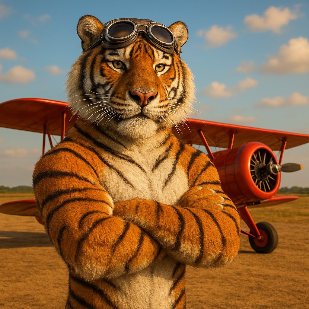 একজন বাঘ-চালিত পাইলট লাল রঙের পুরোনো বিমানের পাশে দাঁড়িয়ে অ্যাভিয়েটর গেমটিকে প্রতিনিধিত্ব করছে, 6zz