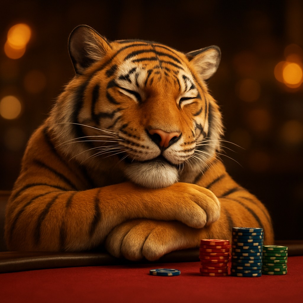 একটি হাসিখুশি বাঘছানার সন্তান 6zz গেমিং প্ল্যাটফর্মের টেবিলে চিপসসহ বসে আছে