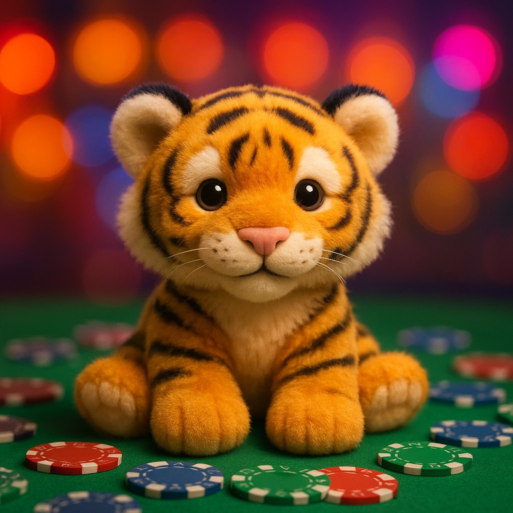 একটি ছোট বাঘের বাচ্চা টেবিলের ওপর 6zz গেম টোকেনসহ বসে আছে.