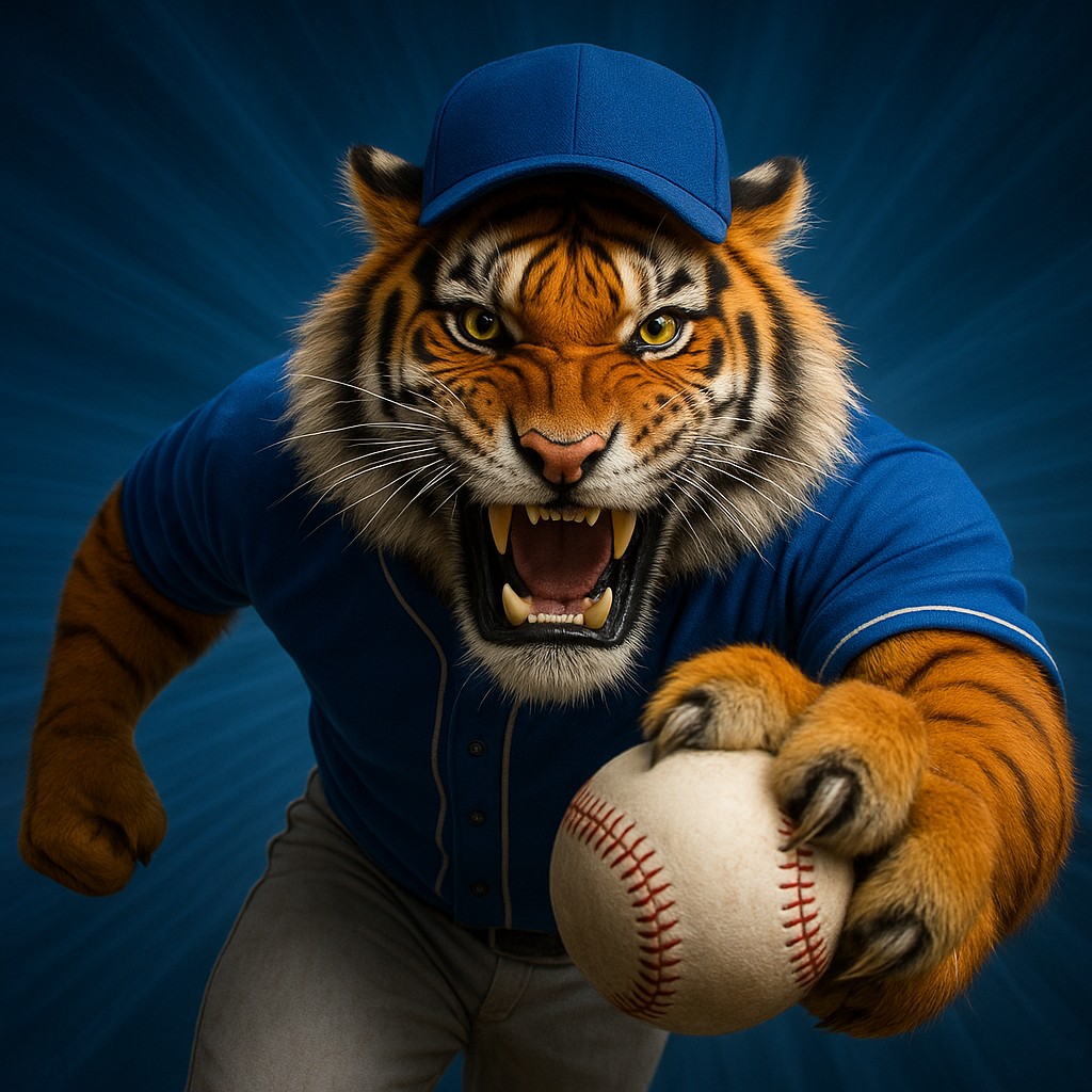 একটি হাসিখুশি ইউনিফর্ম পরা বাঘের শাবক, তার মুঠোয় একটি বল নিয়ে 6zz-এ ক্রিকেট-গেমিংকে প্রতিনিধিত্ব করছে