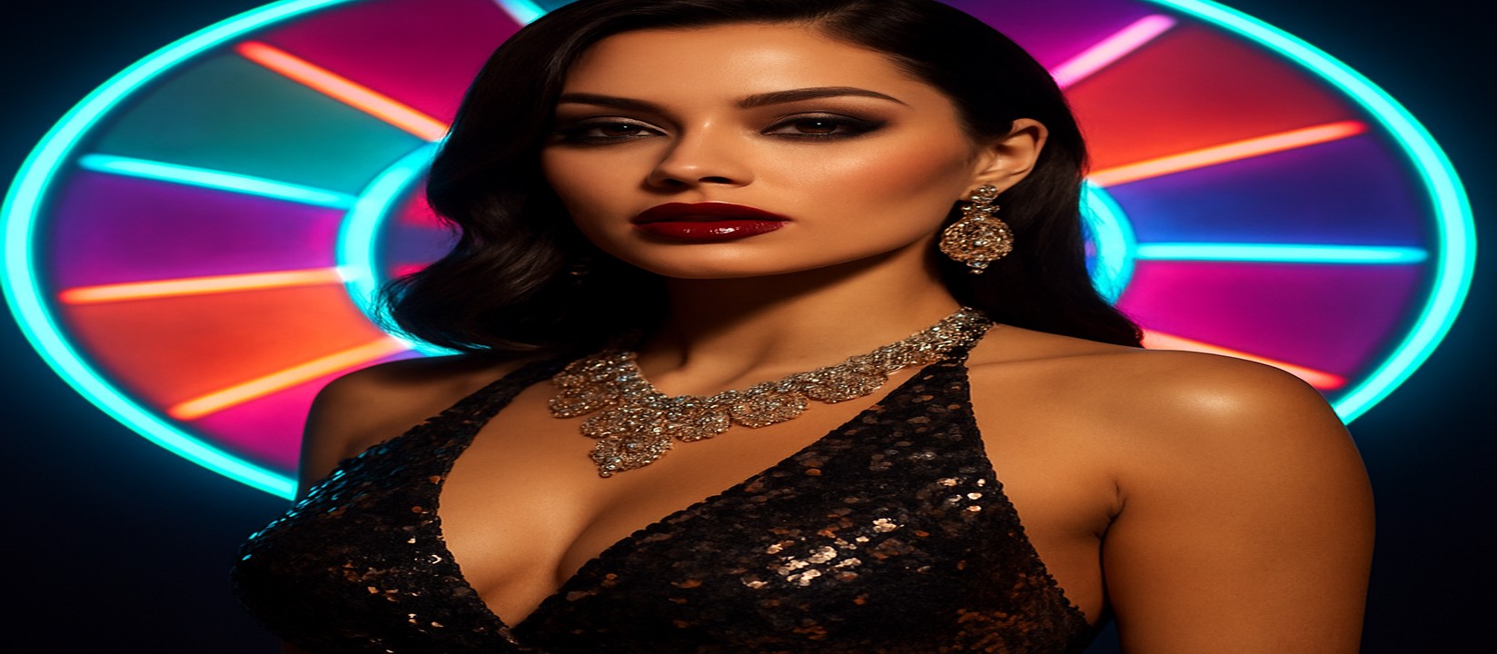 একজন সিকুইনের পোশাক পরিহিত নারী 6zz গেমিং প্ল্যাটফর্ম চাকার সামনে পোজ দিচ্ছেন