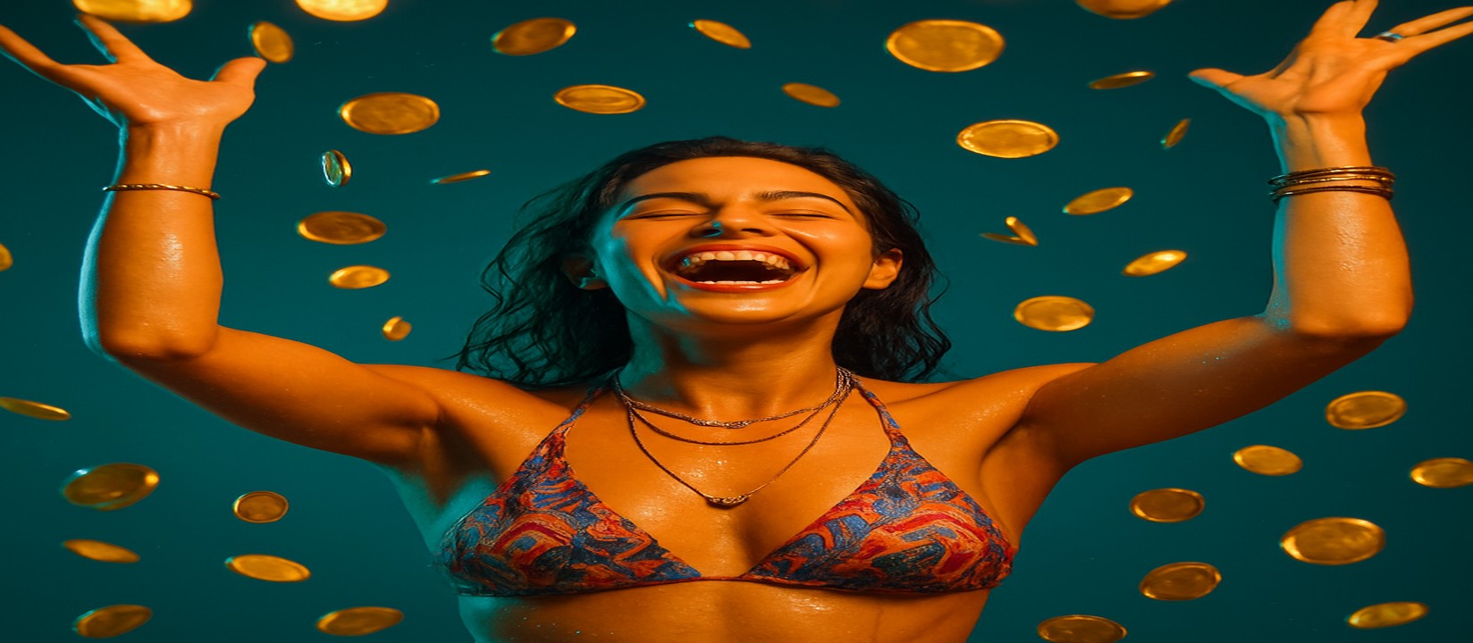 6zz গেমিং প্ল্যাটফর্মে মুদ্রার বর্ষণের মাঝে একটি রঙিন টপ পরা নারী